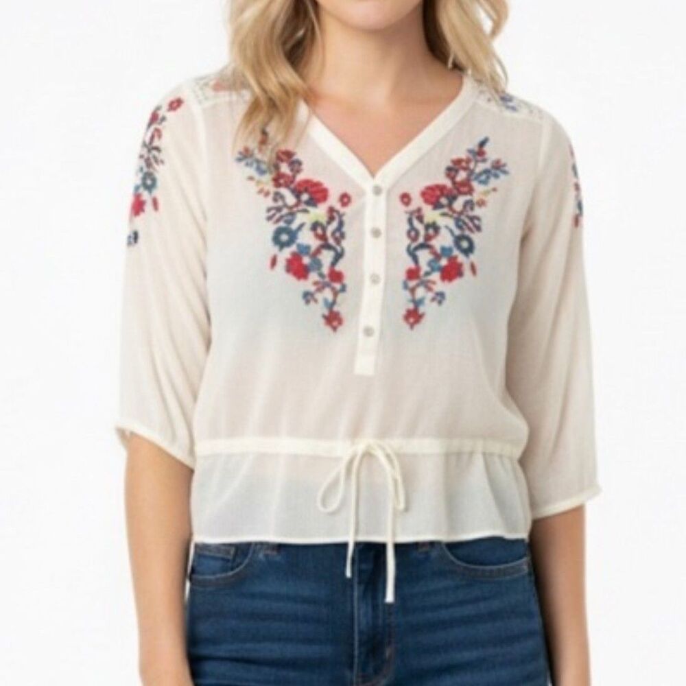 Vintage America Cottagecore Embroidered Top XL Ivory Lace Drawstring Boho Tunic